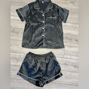 SHEIN Black Satin Short Pajama Set with White Trim